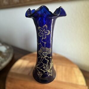 VTG Ruffled Blown Glass Vase 8 Inch Cobalt Blue Hand Paint Yellow Flower Design